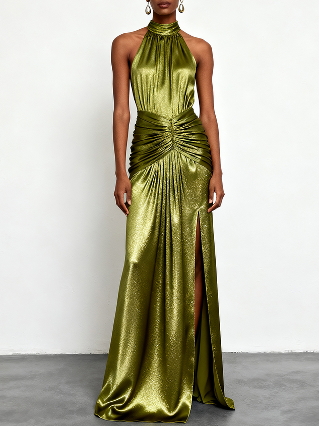 Green Ruched Side-Slit Satin Halter Sleeveless A-Line Gown Dress