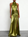 Green Ruched Side-Slit Satin Halter Sleeveless A-Line Gown Dress