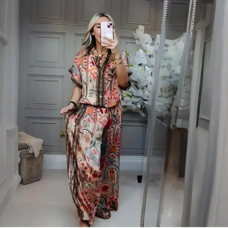 ✨ Stylish 2-Piece Co-ord: Women's Printed Top & Wide Leg Pants 2-Piece Set