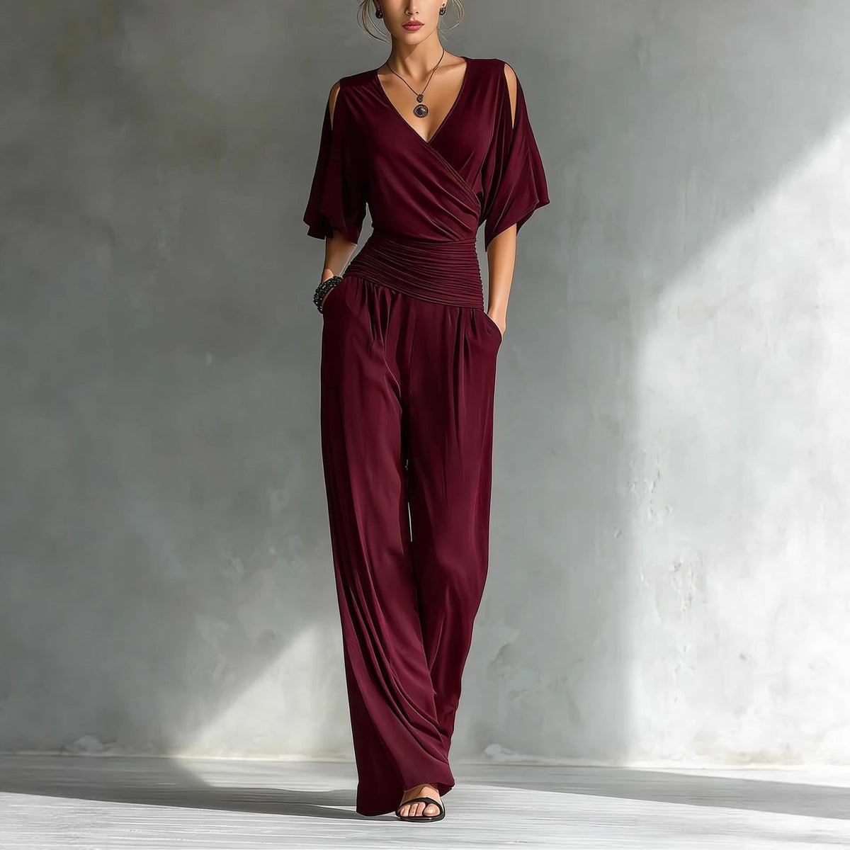 French Chic Wrap V-Neck Jumpsuit - Elegant Ruched Waist Wide-Leg Romper with Shoulder Cut-outs