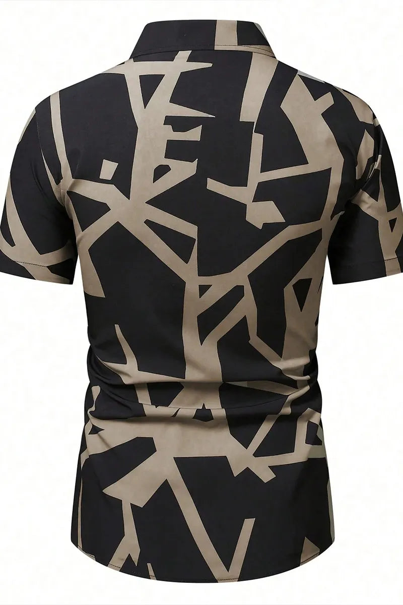 Men's Black Base Abstract Geometric Print Short Sleeve Collar Shirt