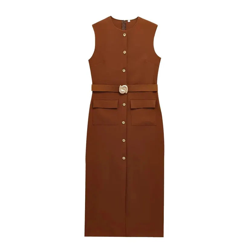 Marisse Belted Button Front Midi Dress – Sleeveless Smart Casual Dress in Black, Brown & Red Wine