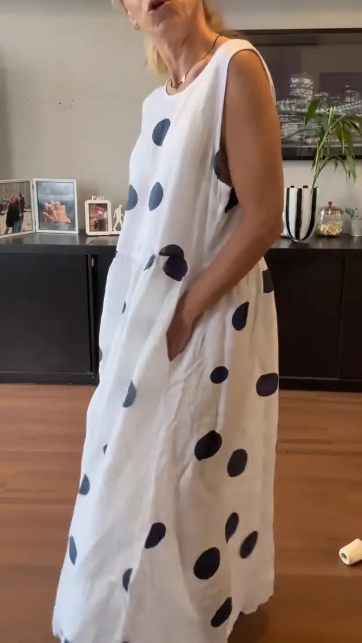 Women's Round Neck Cotton Linen Polka Dot Print Casual Dress