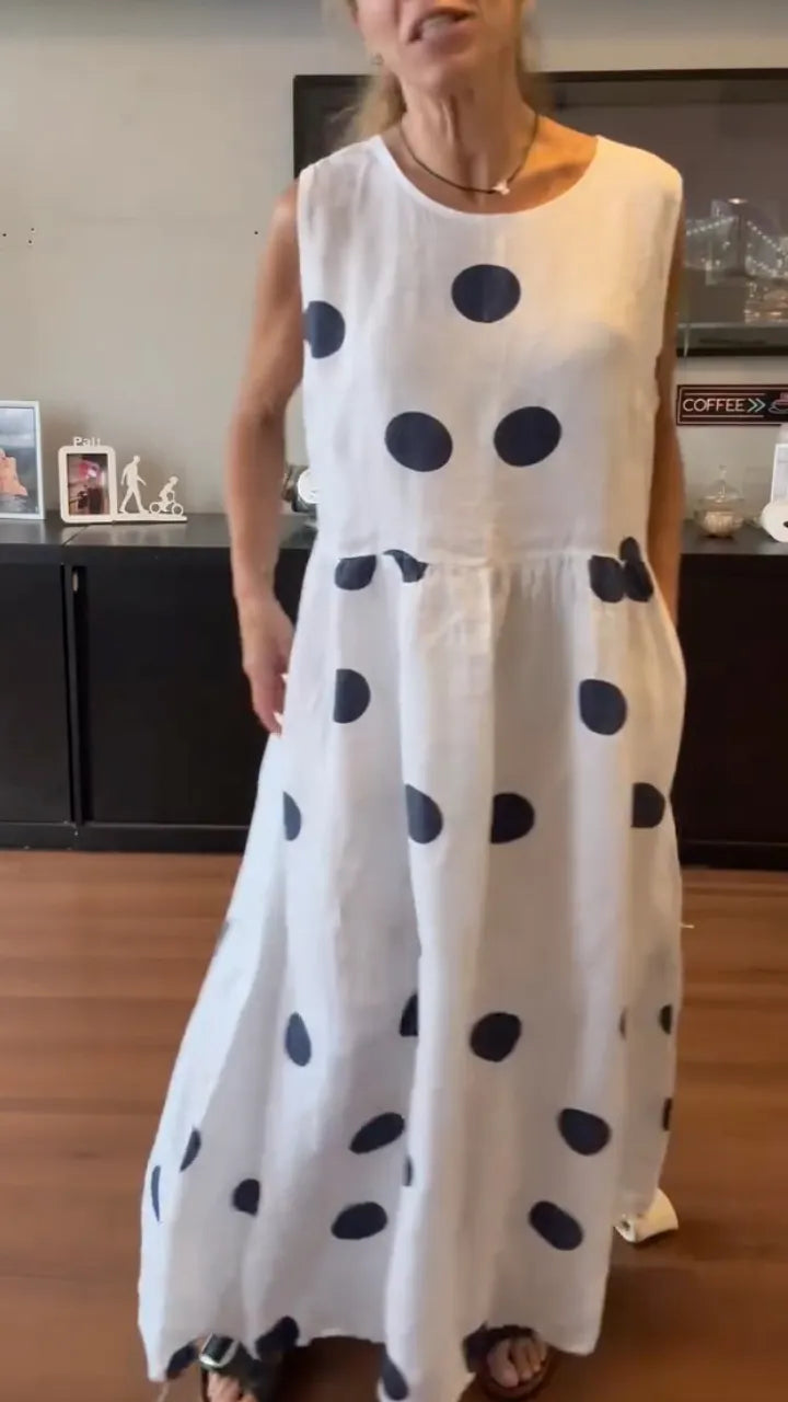Women's Round Neck Cotton Linen Polka Dot Print Casual Dress
