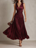 Vintage Striped Pleated Satin Maxi Dress