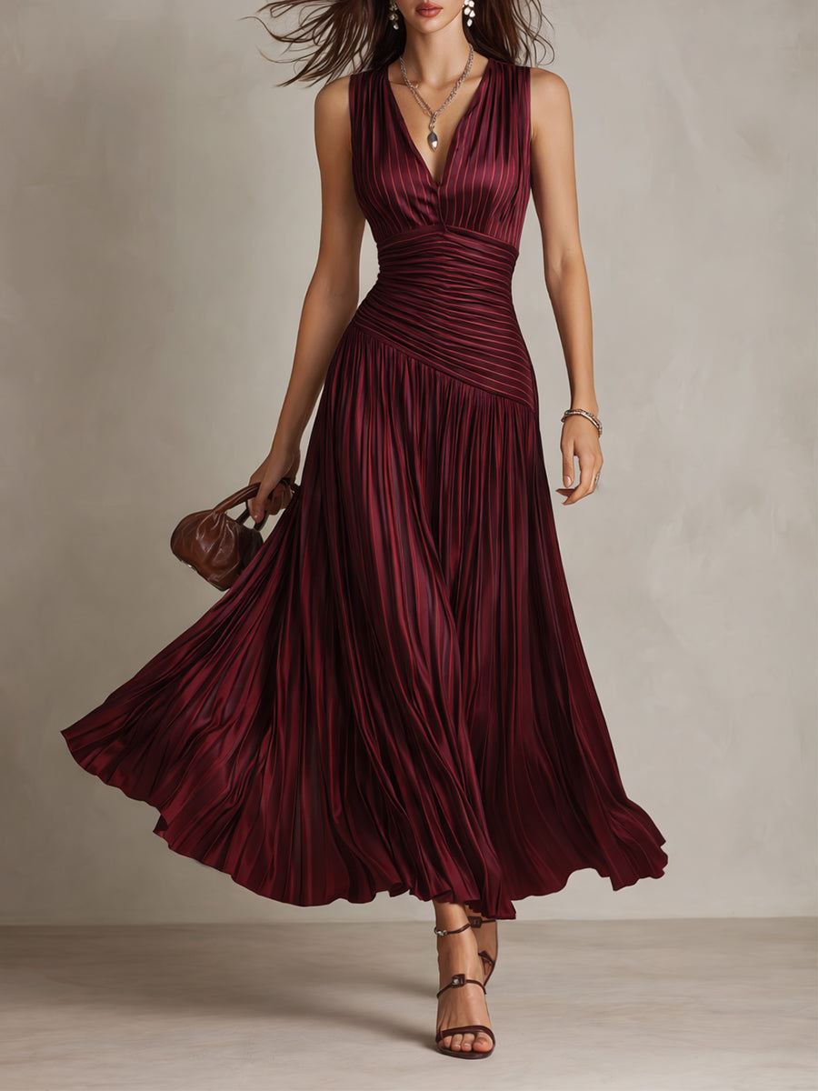 Vintage Striped Pleated Satin Maxi Dress