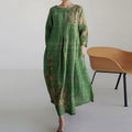 Vintage Green Floral Round Neck Casual Dress