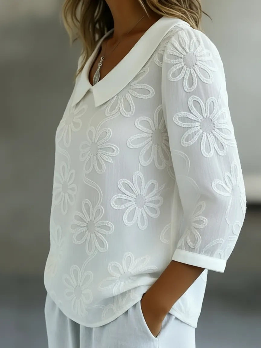 Vintage Embroidered Floral Peter Pan Collar Cotton Shirt