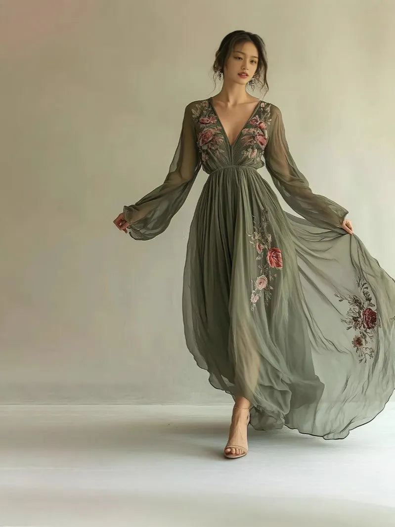 Vintage 3D Floral Print Maxi Dress - Elegant V-Neck Long Sleeve Boho Garden Party Gown