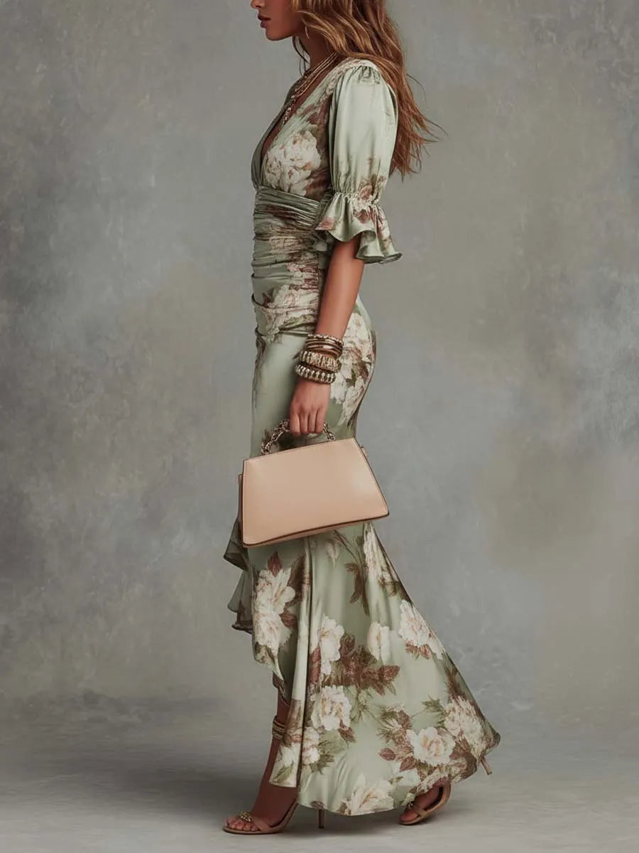 Retro Floral Ruched V-Neck Maxi Dress