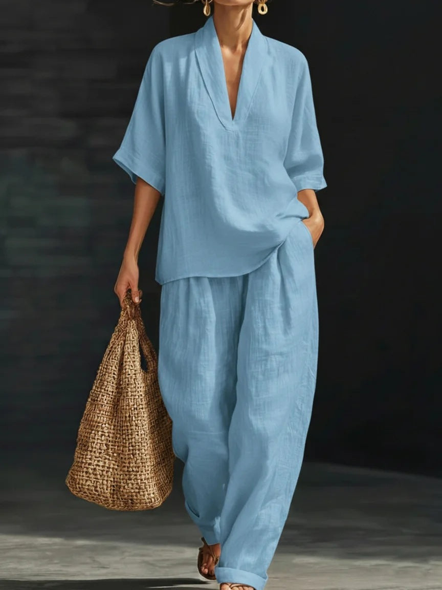 Momocco Coastal Chic 2-Piece Set - V-Neck Linen-Textured Tunic & Wide-Leg Pants Lounge Set