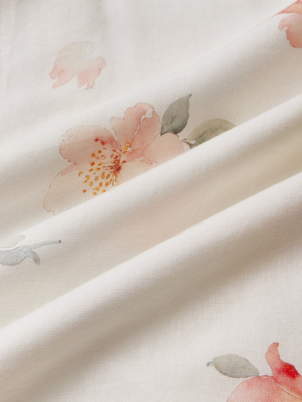 Midi Linen Dress, Short Sleeves, V Neck, Floral, Vintage, White