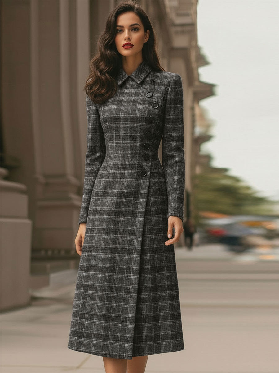 Elegant Plaid Asymmetric Button - Front Midi Dress