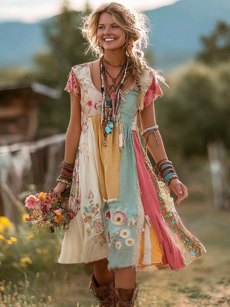 Women's Floral Color Block Round Neck Short Sleeve Dress