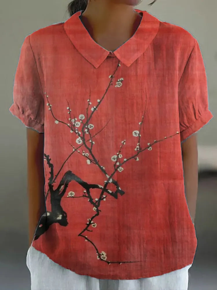 Simple Plum Blossom Japanese Art Linen Blend Tunic