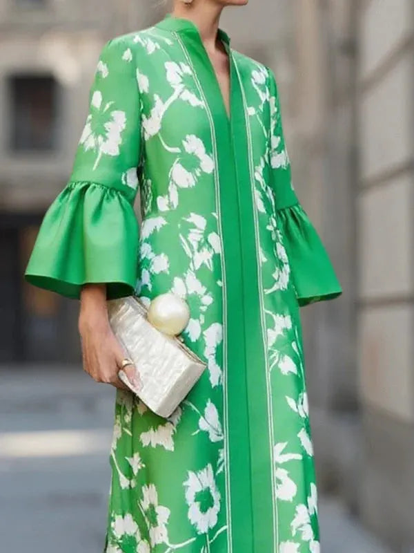Bell Sleeve Loose Floral Print Side Slit Maxi Dress