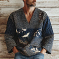 Men's Japanese Crane Pattern Linen Short-sleeve V-neck Shirt