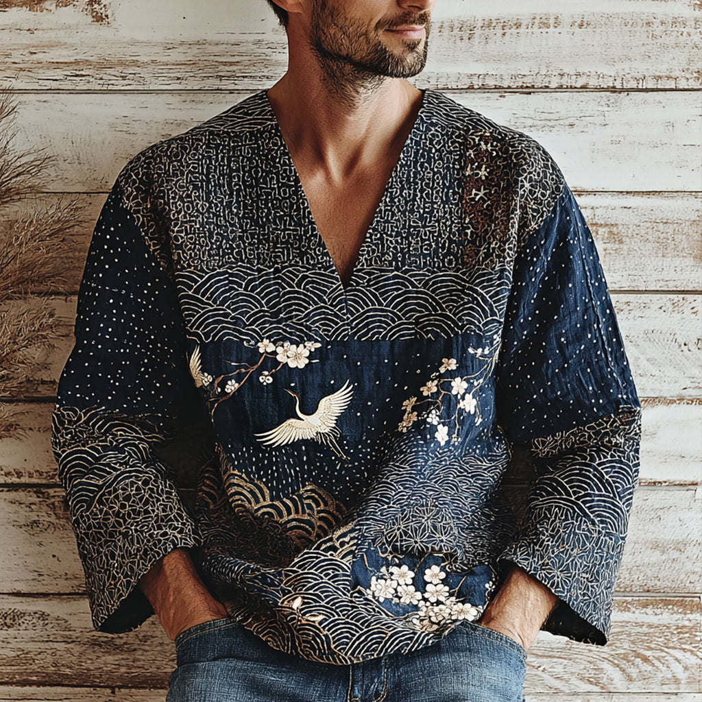 Men's Japanese Crane Pattern Linen Short-sleeve V-neck Shirt