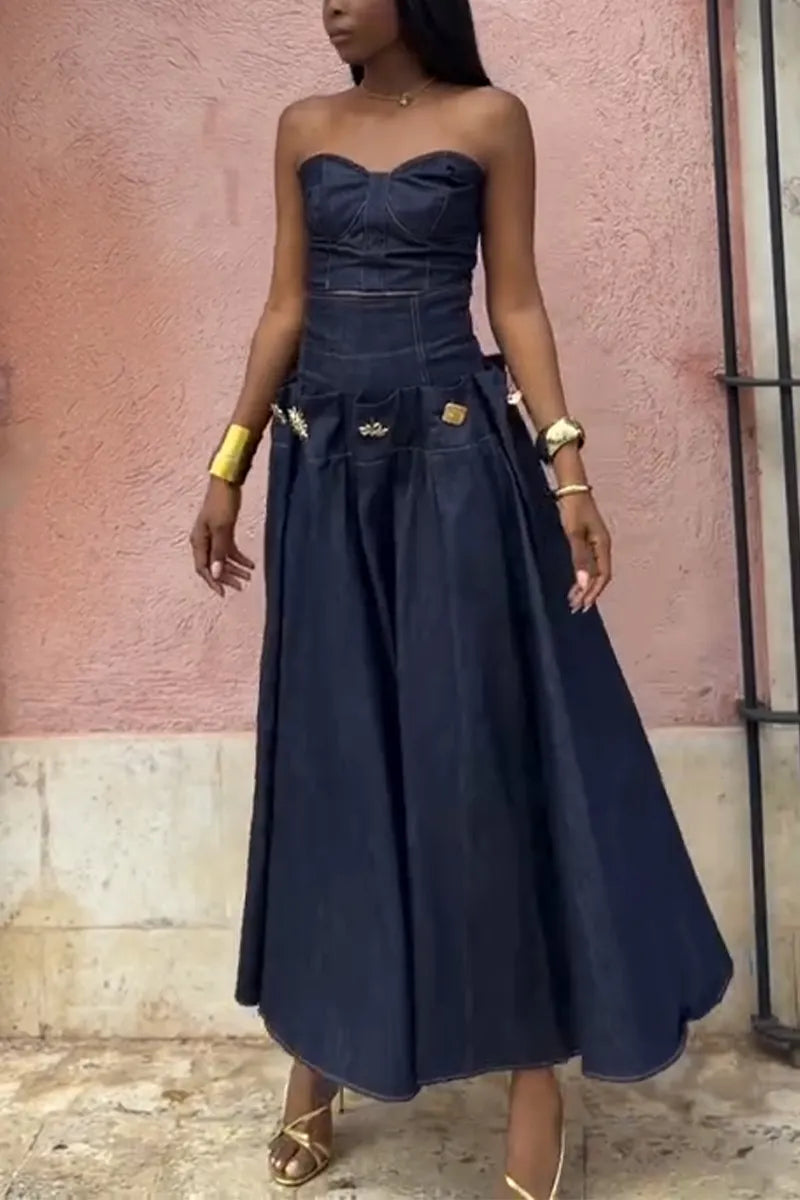 Women Strapless Denim Top or High Waisted Patchwork Denim Skirt