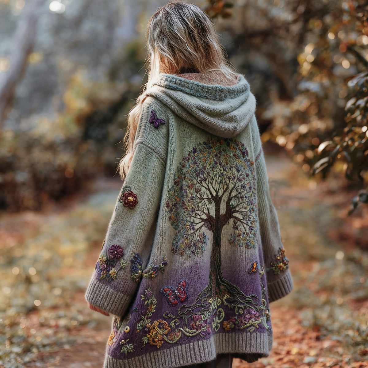 Women's Tree Of Life Floral Gradient Cozy Pocket Hooded Cardigan