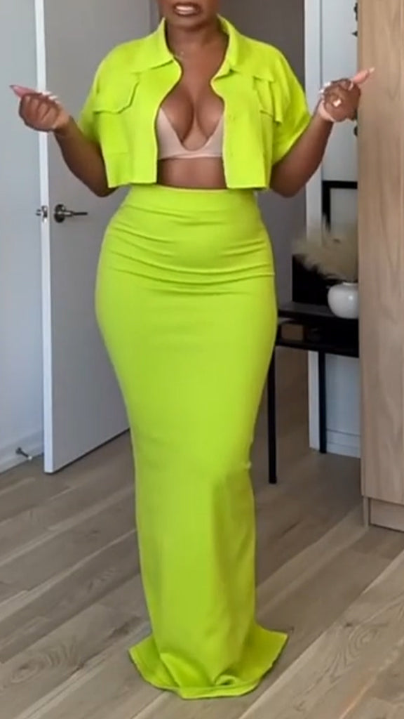Ladies' Lapel Short Top+skirt Commuting Style Set