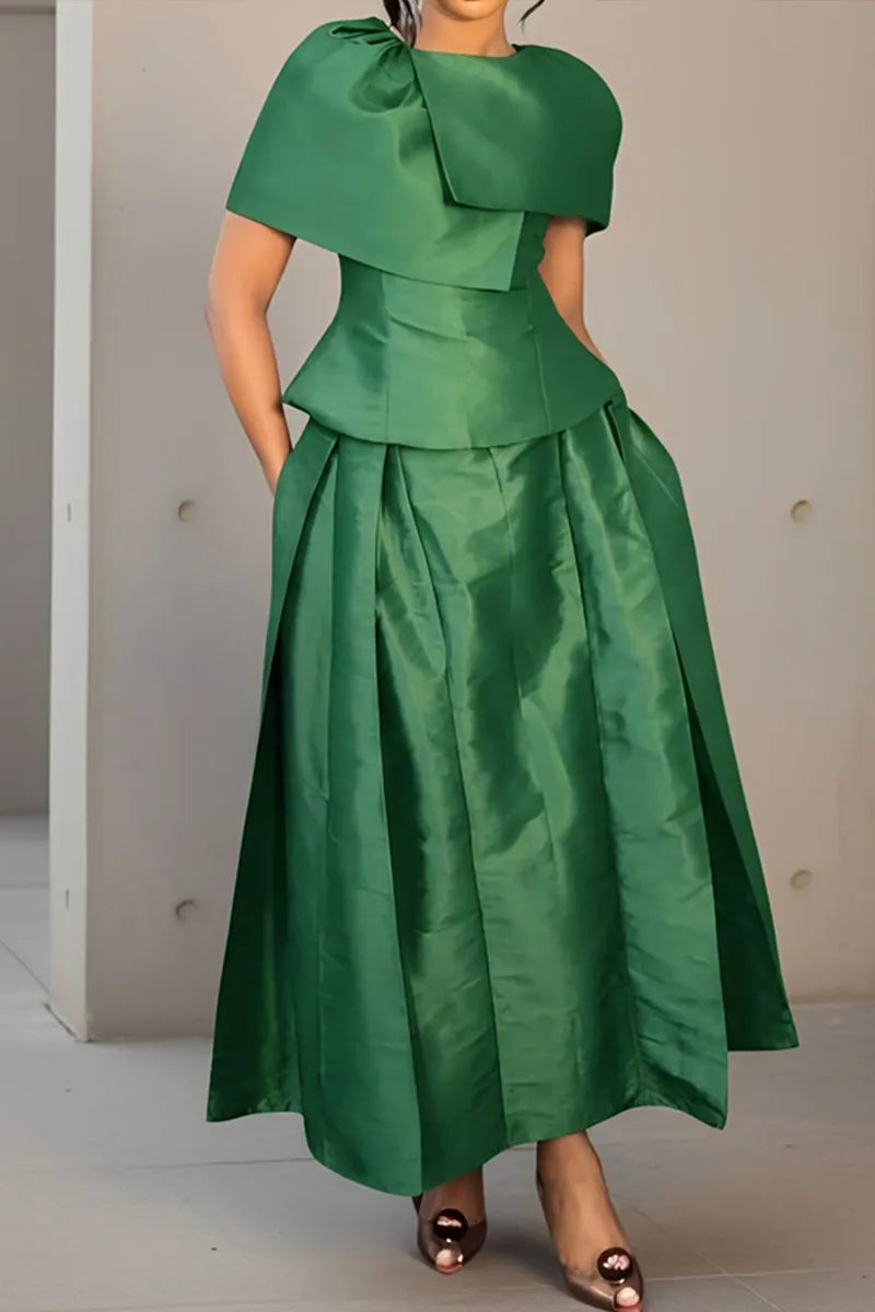 Women's Shiny Satin Cape Collar Ruched Waist Peplum Short Top Or High Waist Voluminous Pleated Side Hidden Pocket Satin Midi Skirt
