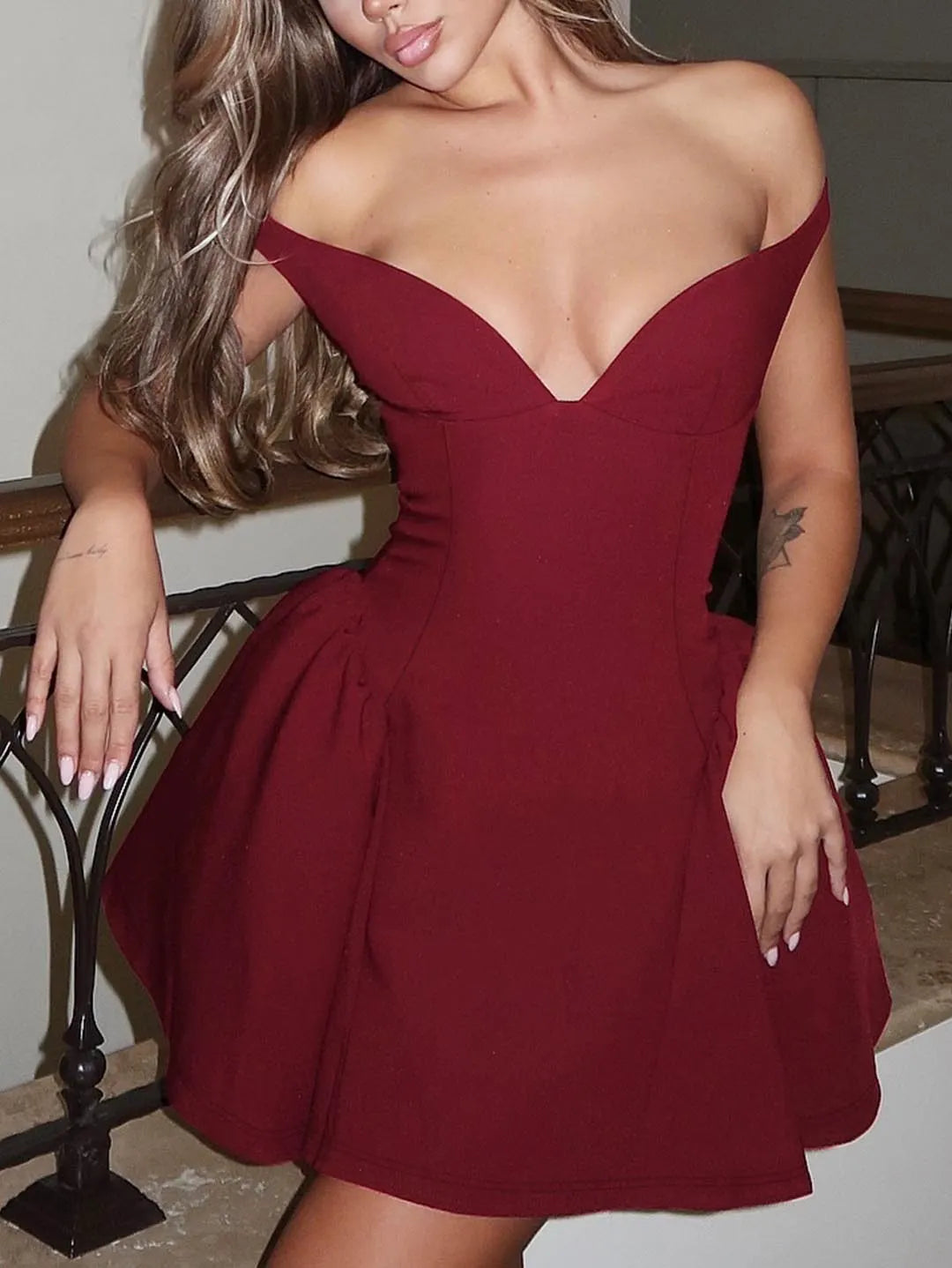 Elegant Low Cut V Neck Halter Mini Dress