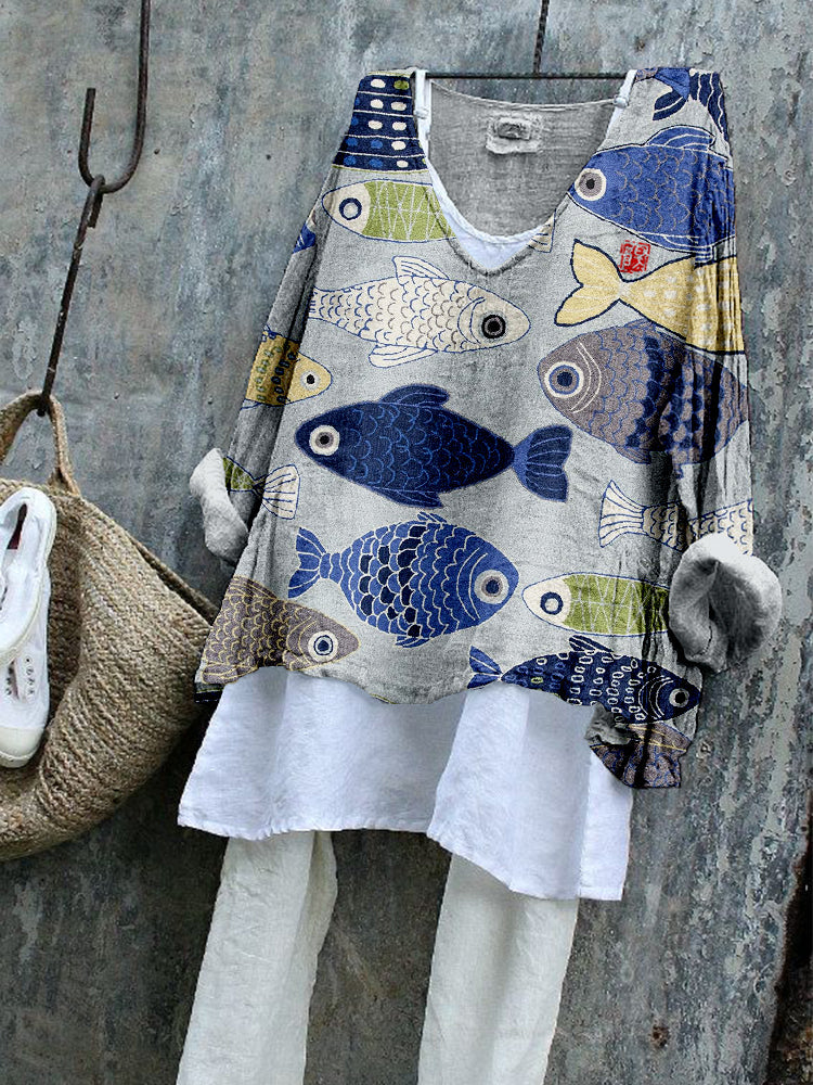 Vintage Fish Japanese Art Linen Blend Flowy Tunic