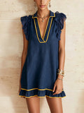 Navy Blue And Yellow Trim Ruffled Loose Mini Dress