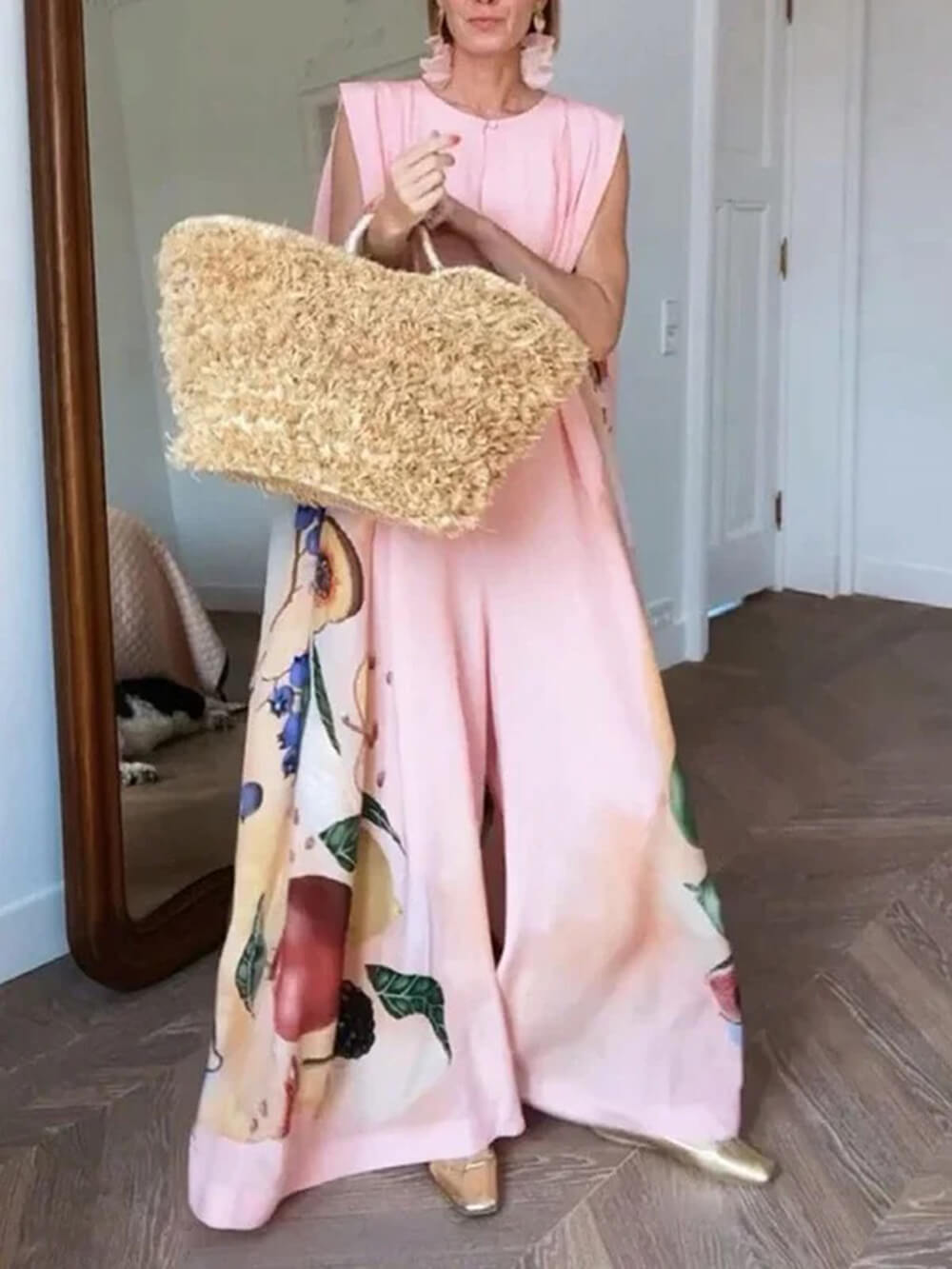 Fashion Fruit Print Sleeveless Wide-Leg Jumpsuit