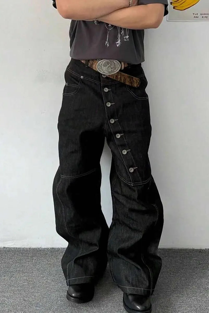 Men's Stitched American-Style Jeans With Unique Button Design