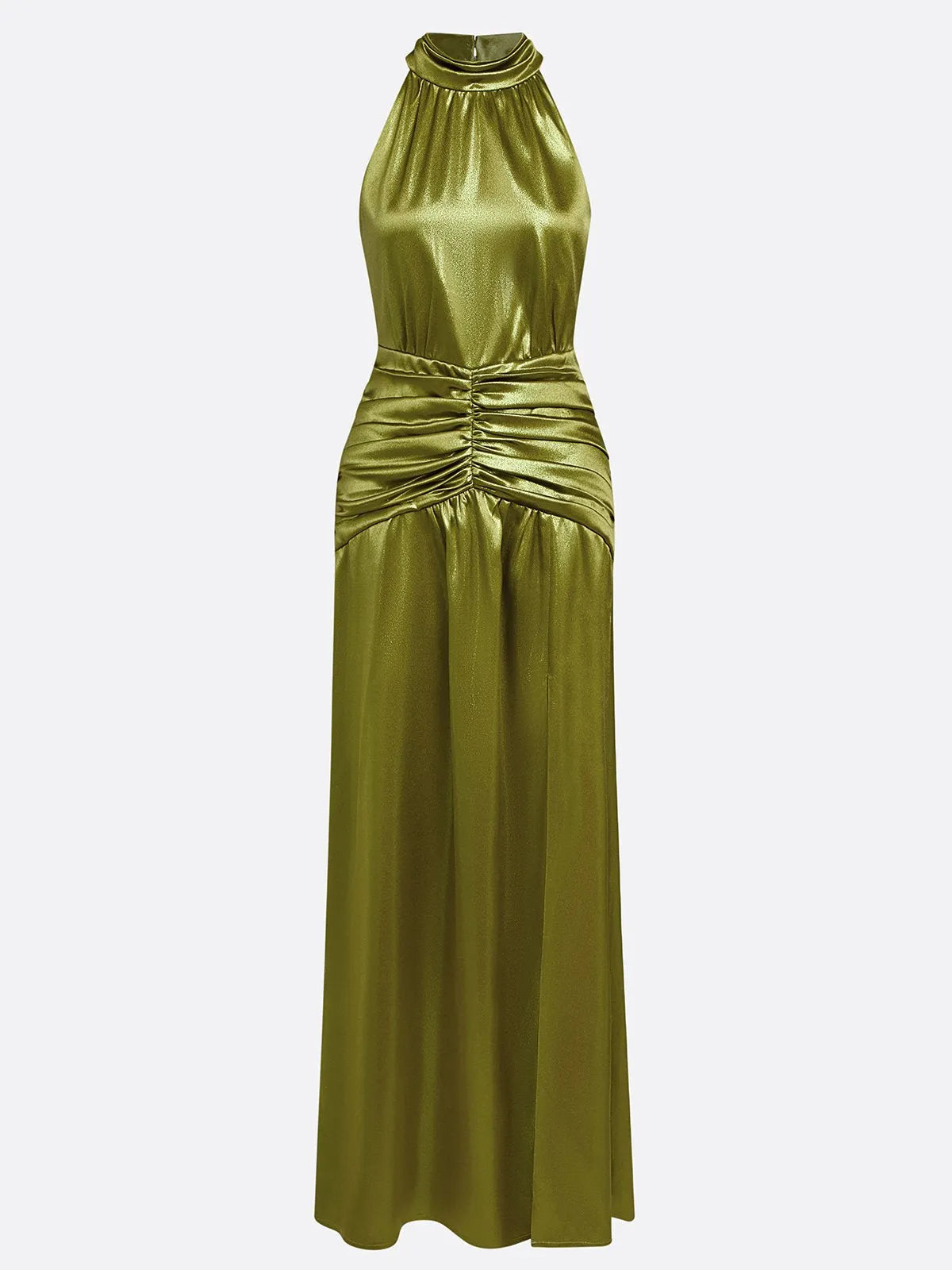 Green Ruched Side-Slit Satin Halter Sleeveless A-Line Gown Dress