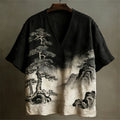 Japanese Ink Landscape Art Linen V-neck Shirt