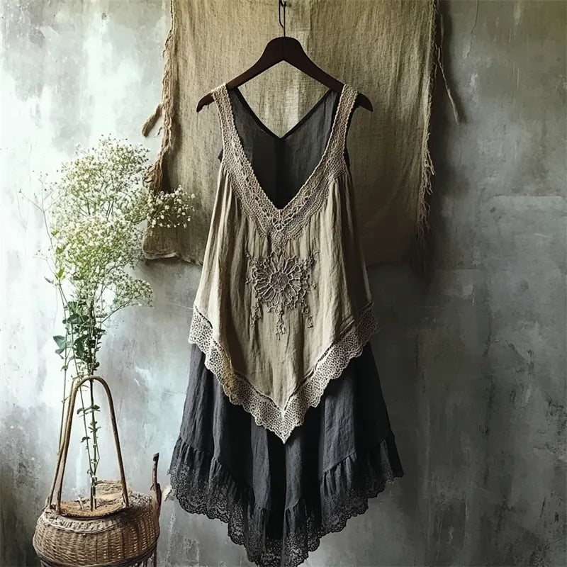 Vintage Boho Flower Lace Hem Linen Tank Dress