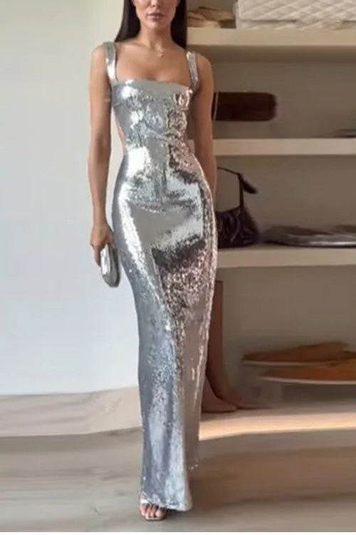 Spaghetti Strap Backless Sequined Maxi Dress