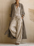 Casual Bohemian Linen And Cotton Long Cardigan And Sleeveless Top And Pants Three-piece Set