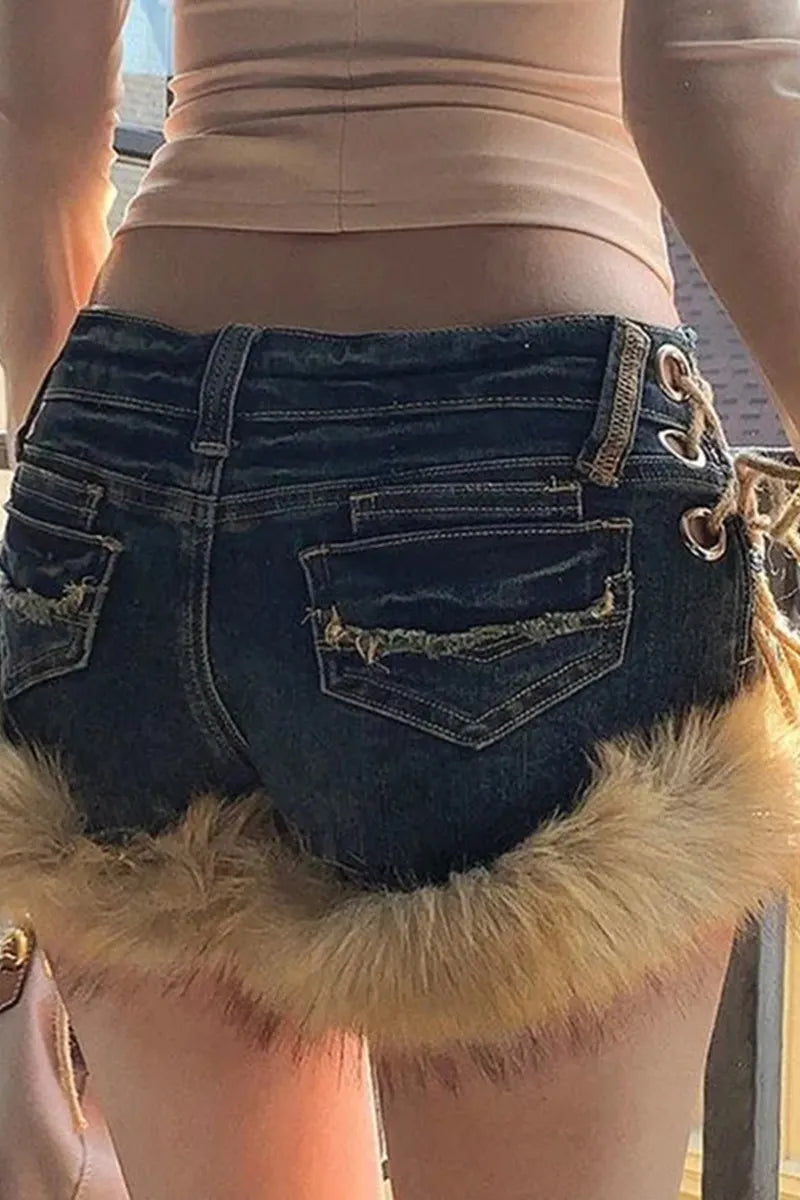Women's Y2k Frayed Hem Patchwork Denim Shorts