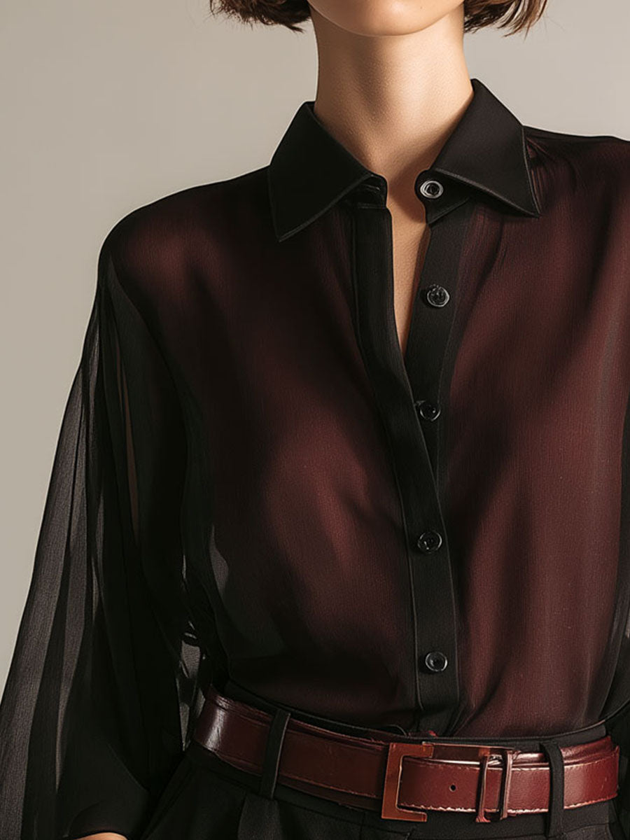 Quiet Luxury Burgundy & Black Semi-Sheer Chiffon Blouse
