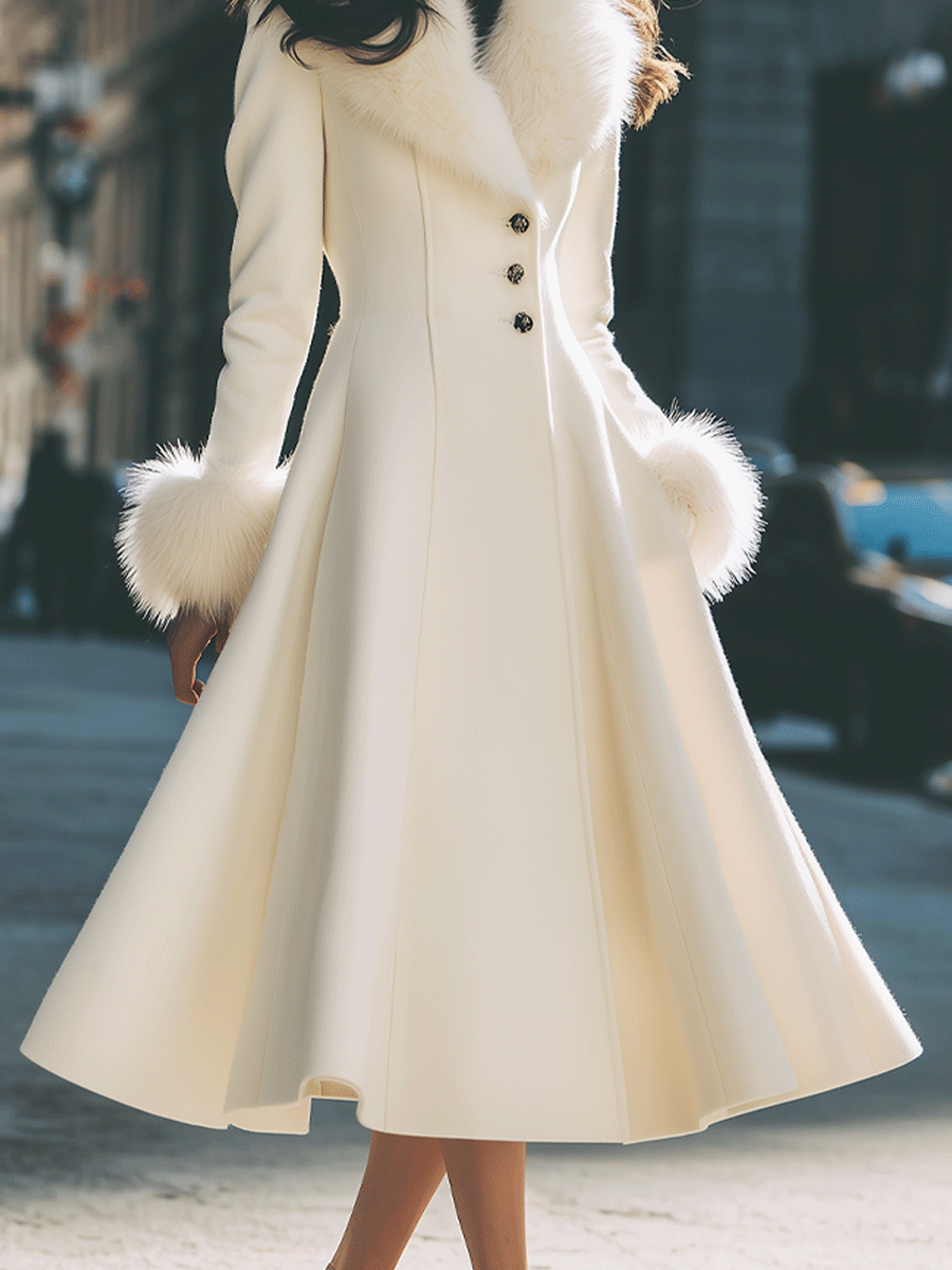 Ivory Flared Coat With Faux Fur Collar And Cuffs