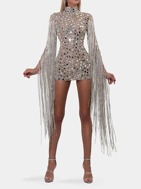 Sequined Tasseled High-Neck Evening Mini Dress