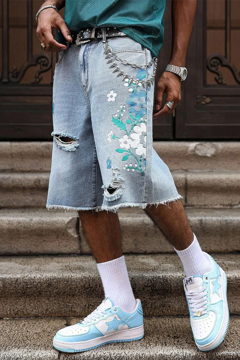 Men's Distressed Frayed Blue Flower Baggy Denim Jeans