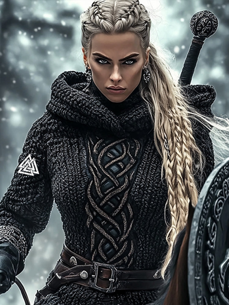 Women's Viking Warrior Jacquard Celtic Knit Hoodie