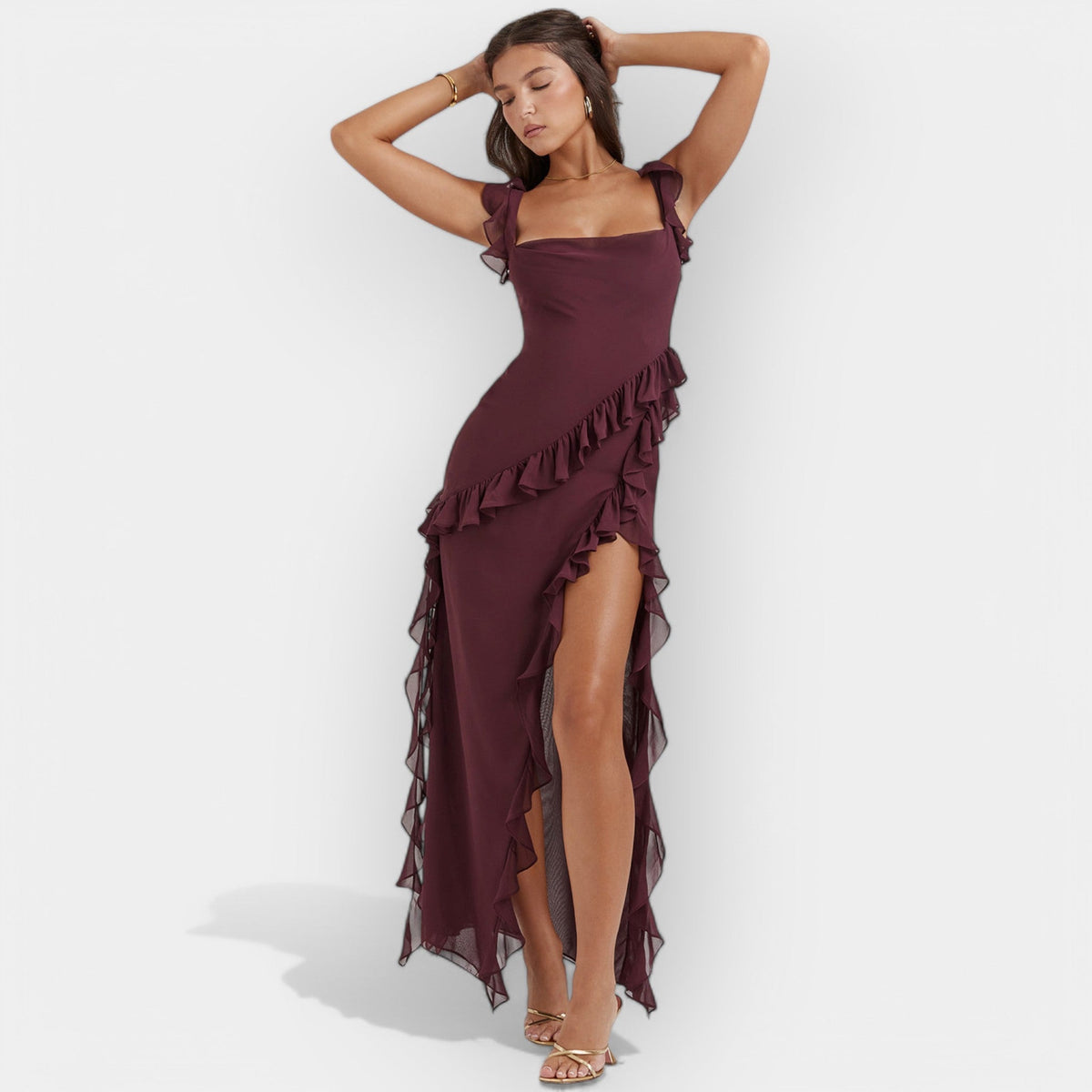 Dress with Slit and Ruffled Details