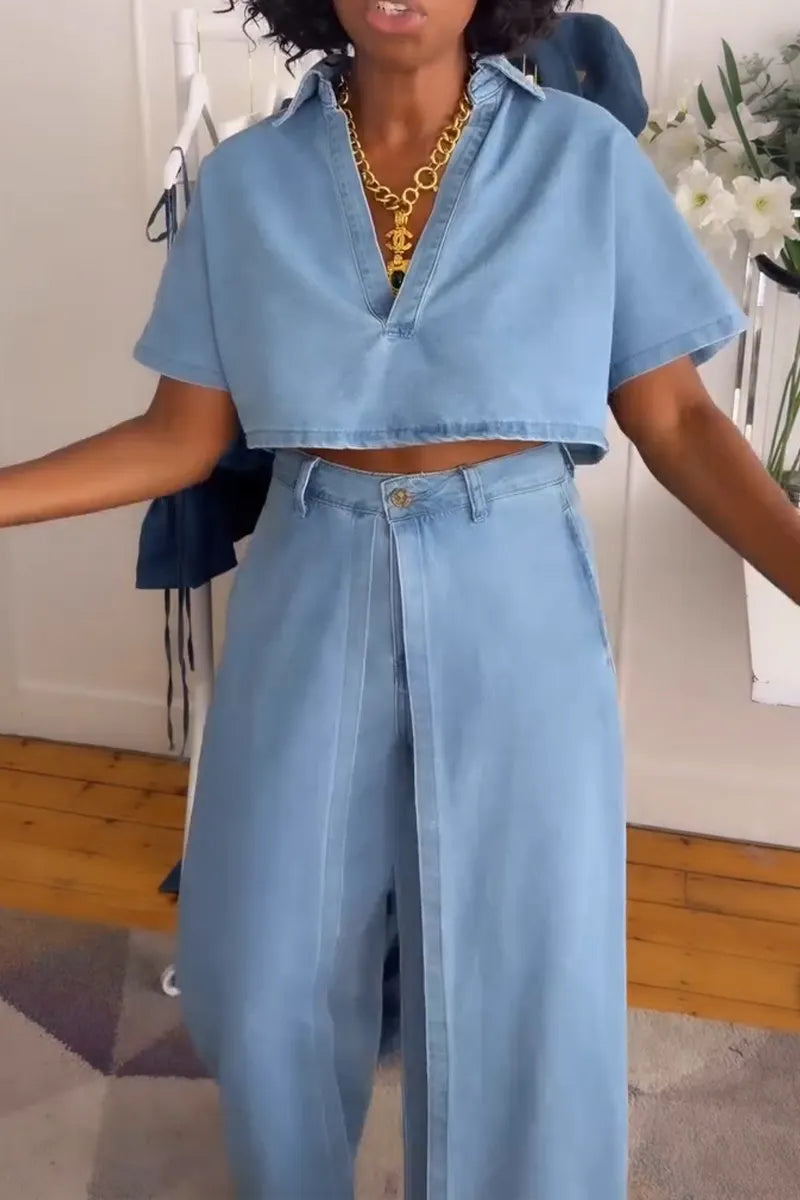 Women's Casual V-Neck Denim Top or Faux Two-piece Jeans
