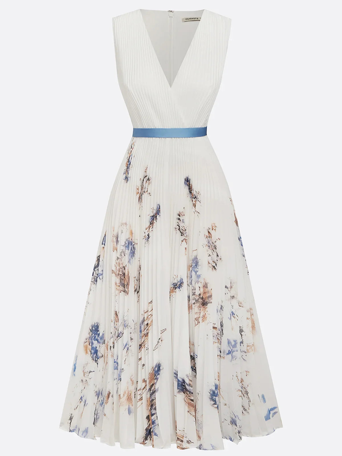 White Pleated Floral Chiffon V Neck Sleeveless A-Line Midi Dress
