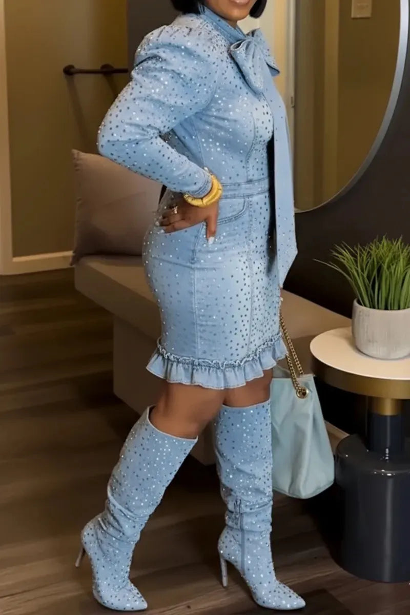 Women's Long-Sleeved Denim Dress With Bow Tie