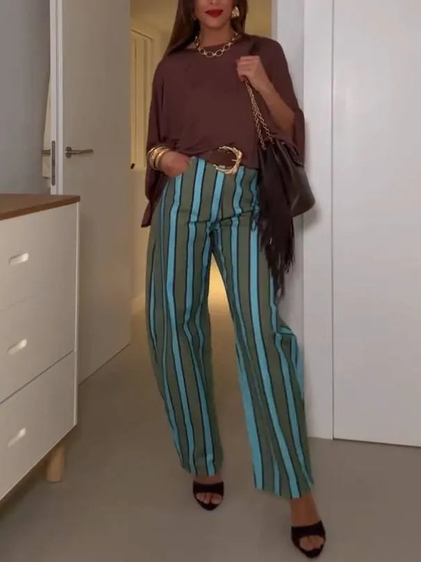 Loose T-Shirt And Striped Printed Pants Set-Top