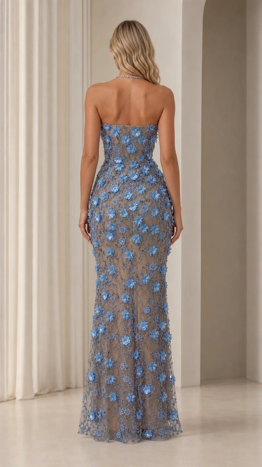 Strapless 3D Floral Applique Sequin Tulle Evening Gown