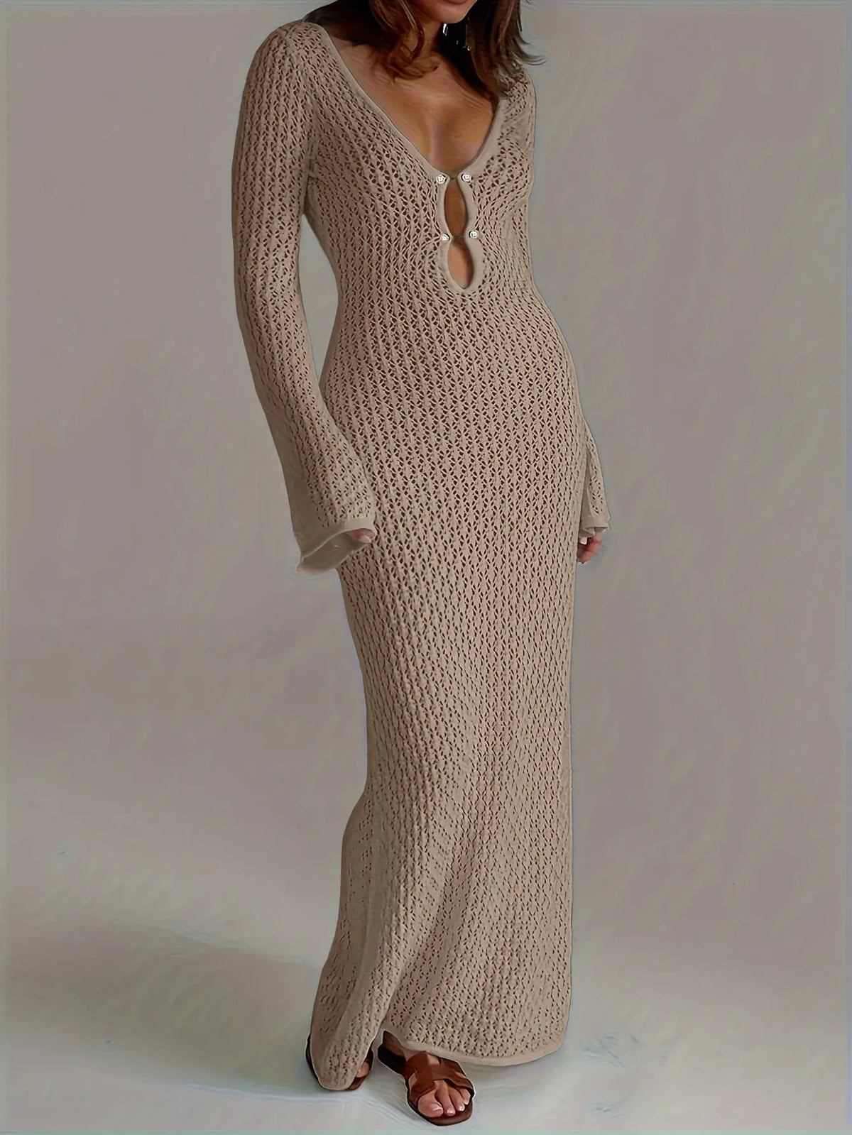 Serenah Crochet Knit Beach Dress – Long Sleeve V-Neck Holiday Cover Up Maxi Dress for Women