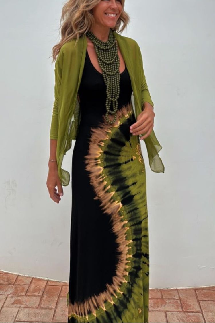 Summer Adventures Tie-dye Print Back Lace-up Stretch Maxi Dress（With built-in bra）